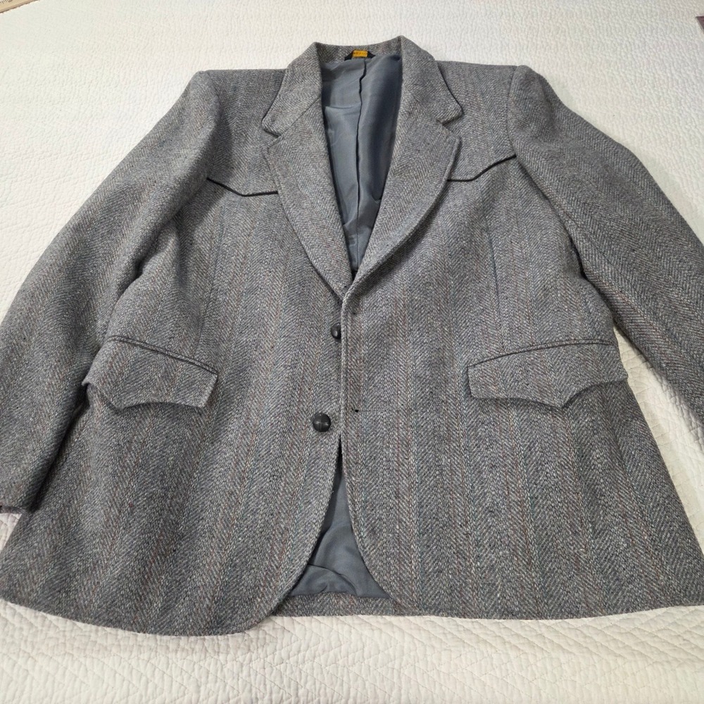 Pioneer Wear Mens 46L Western Blazer Wool Blend Herringbone Gray Made in USA